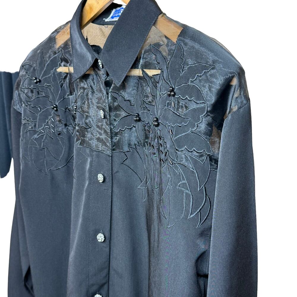 Kokomo Vintage Black Sheer Embroidered Palm Tree Button Up Blouse Women XL